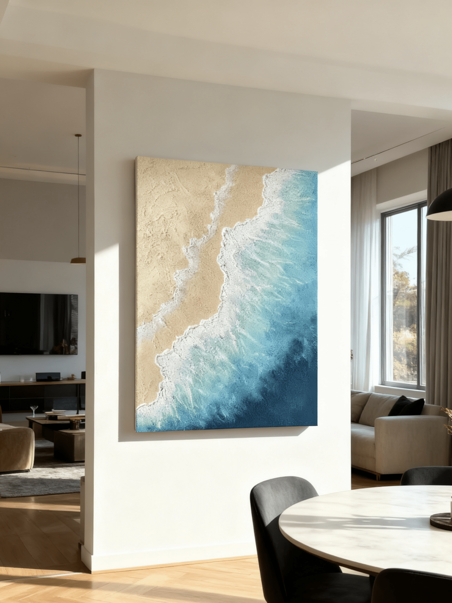 Close-up of impasto texture in shoreline painting, showing thick brushstrokes and sand details