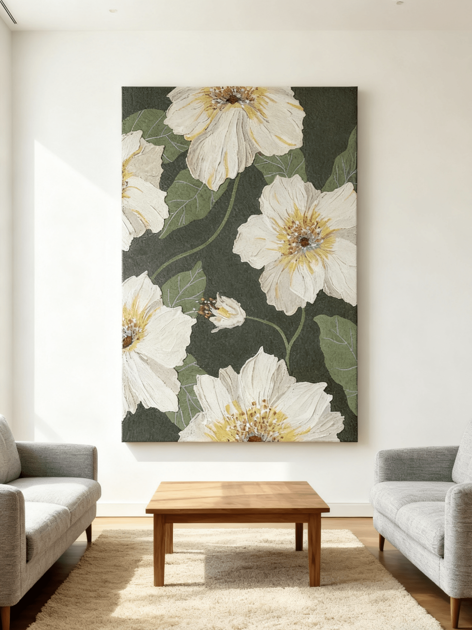 Close-up of textured white flower petals showing thick impasto brushstrokes in modern floral painting