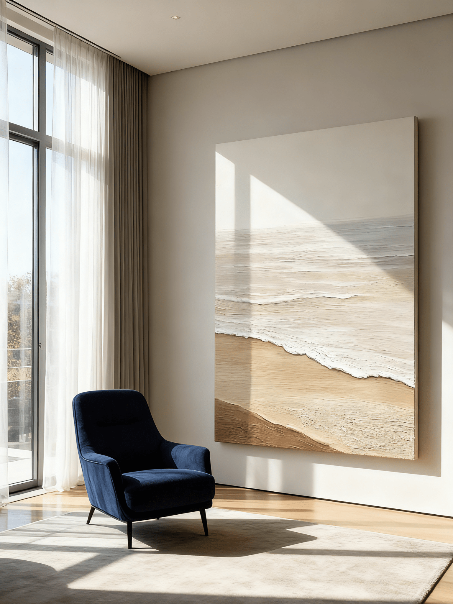 Close-up of textured shoreline details showing thick impasto brushstrokes in coastal painting