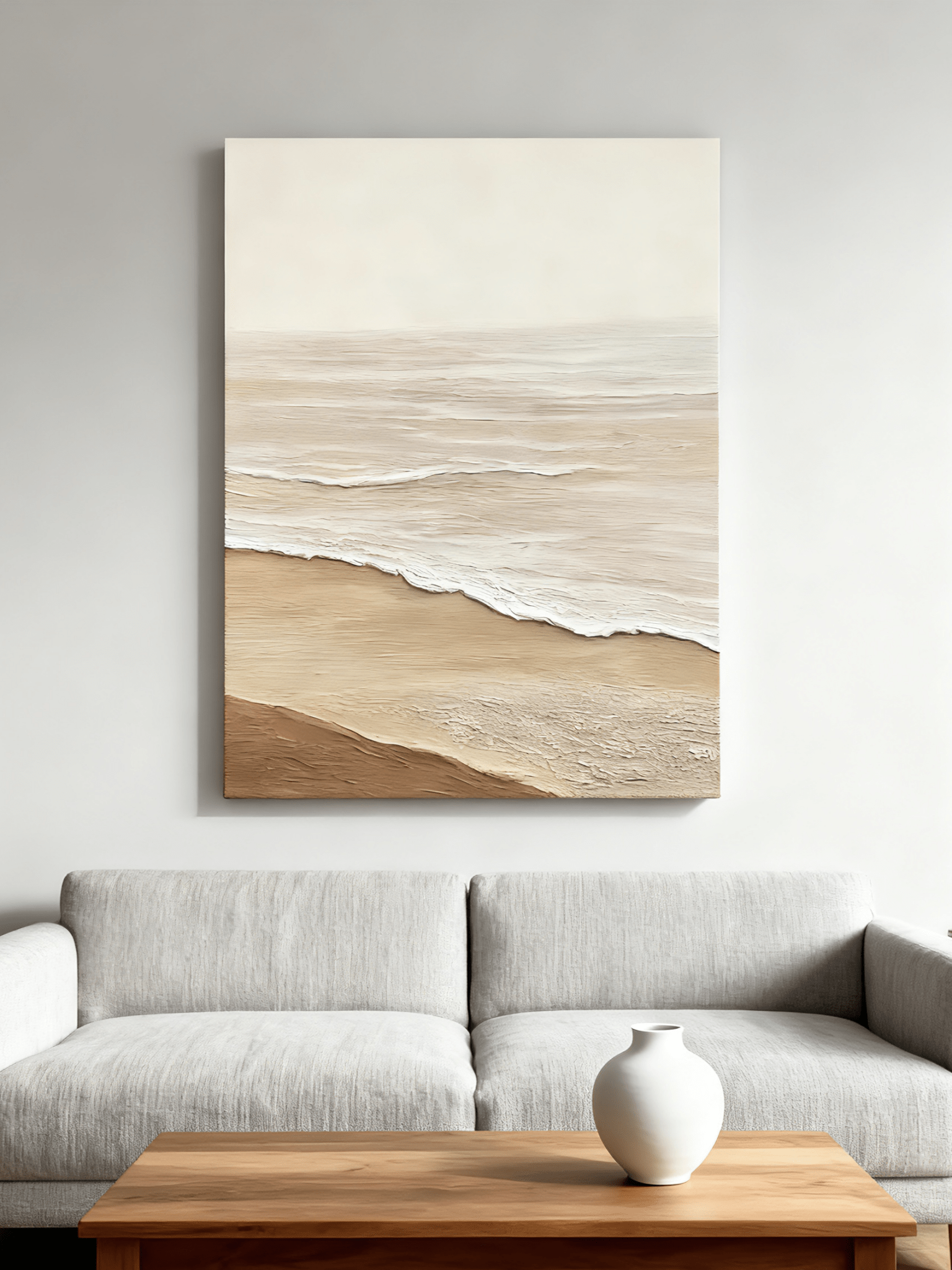 Close-up of textured shoreline details showing thick impasto brushstrokes in coastal painting