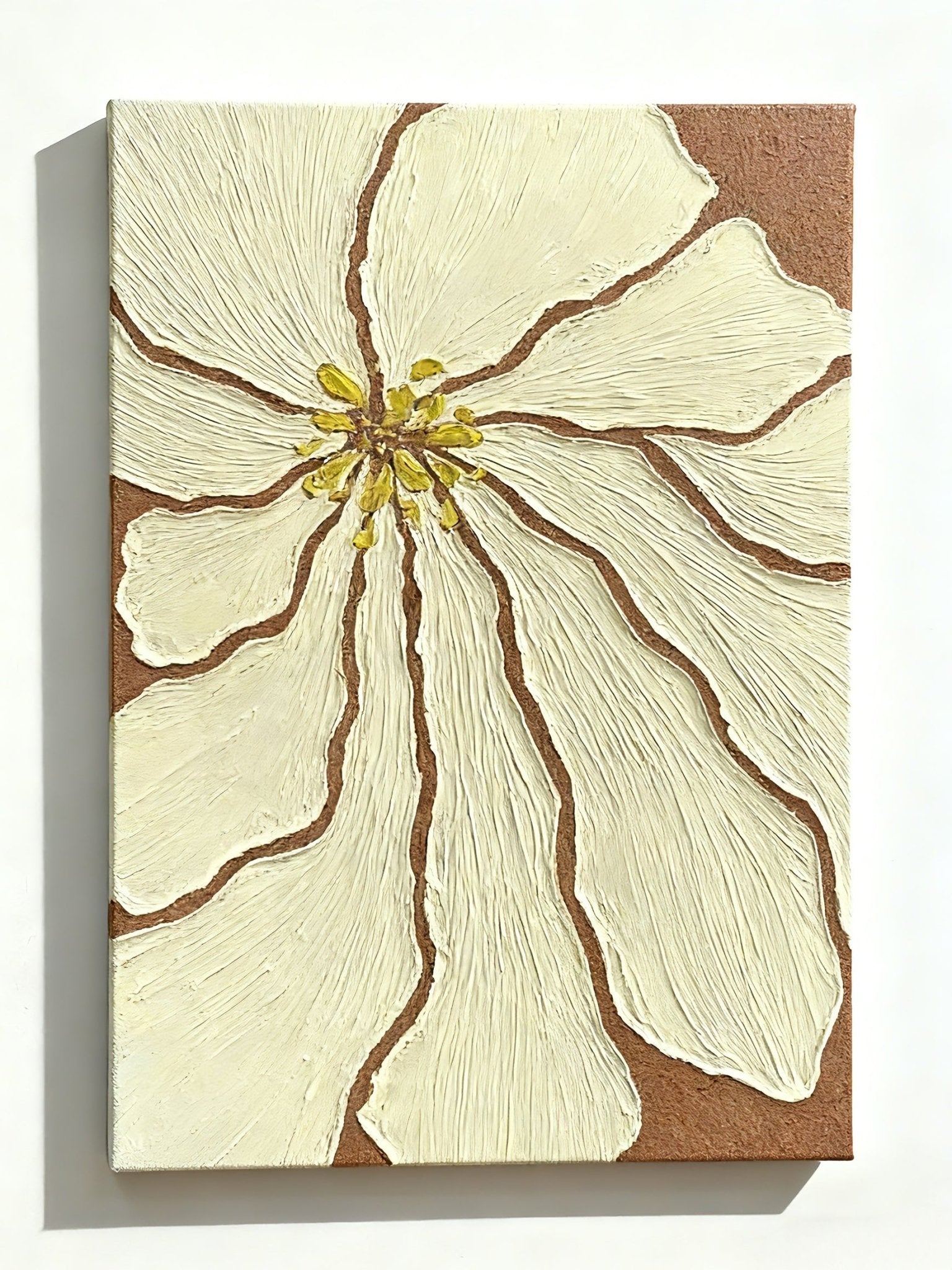 Hand-painted textured beige flower oil painting on canvas, modern botanical wall art for living room decor