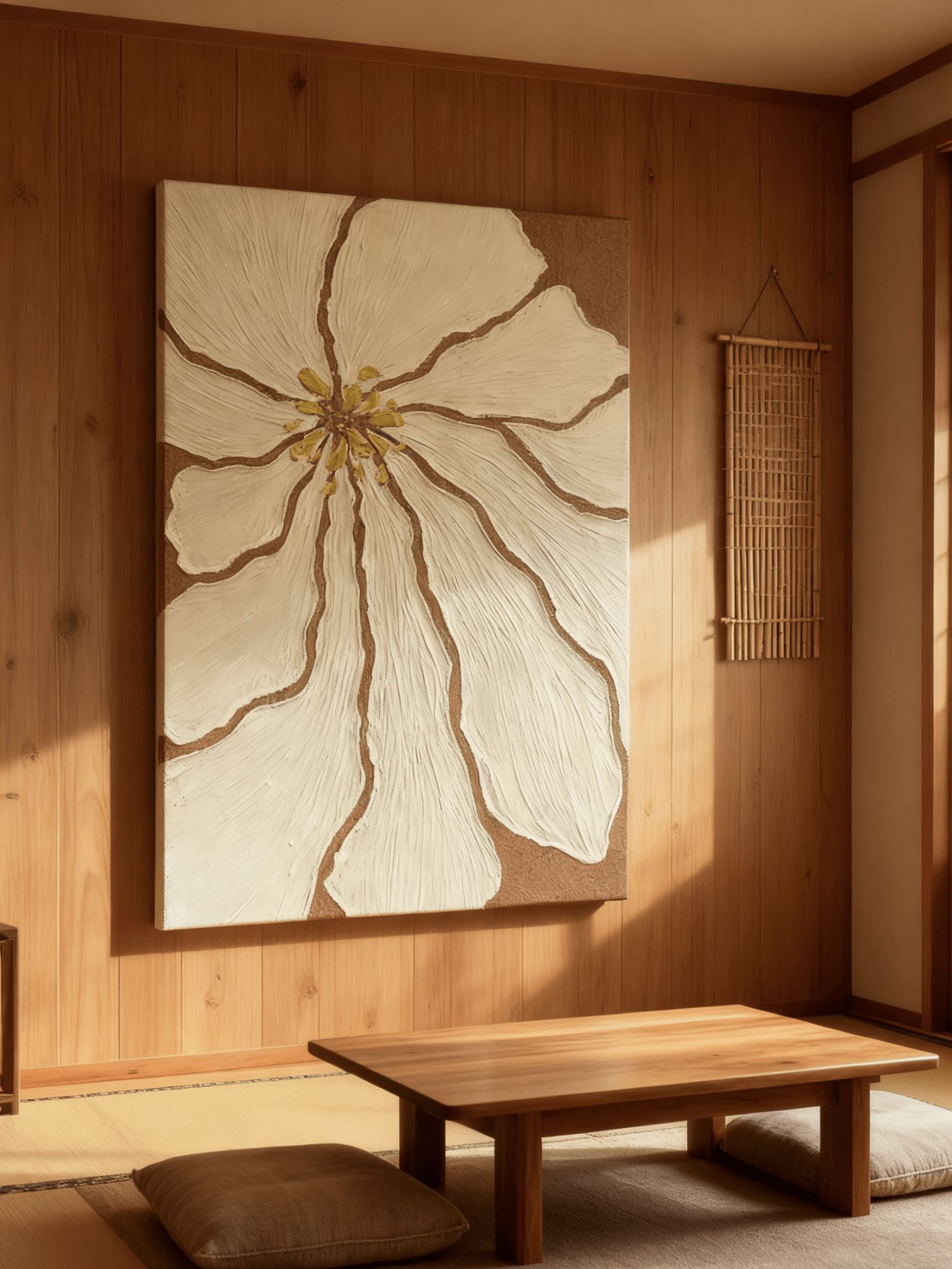 Close-up of textured beige flower petals showing thick impasto brushstrokes in modern floral painting