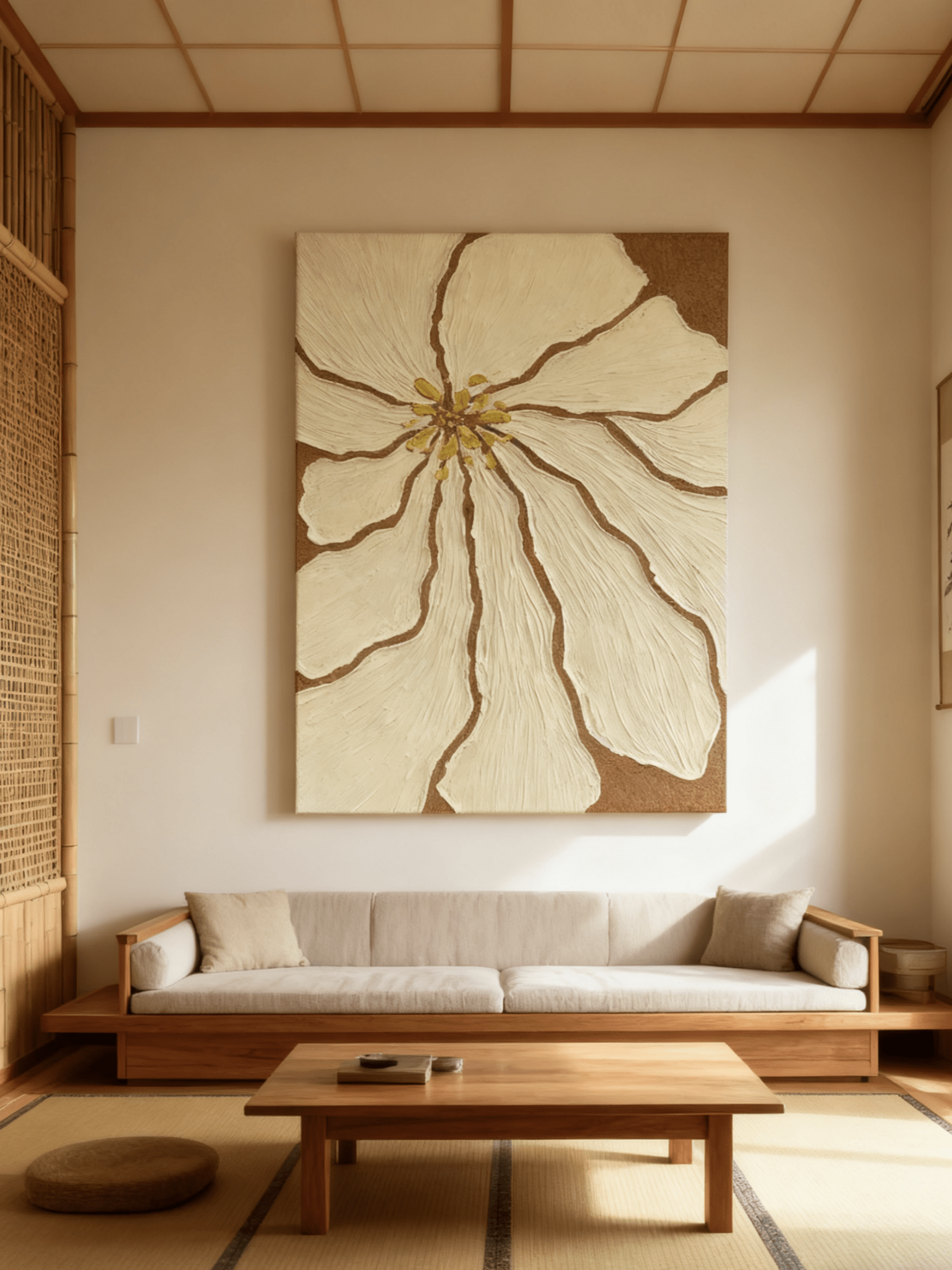 Close-up of textured beige flower petals showing thick impasto brushstrokes in modern floral painting