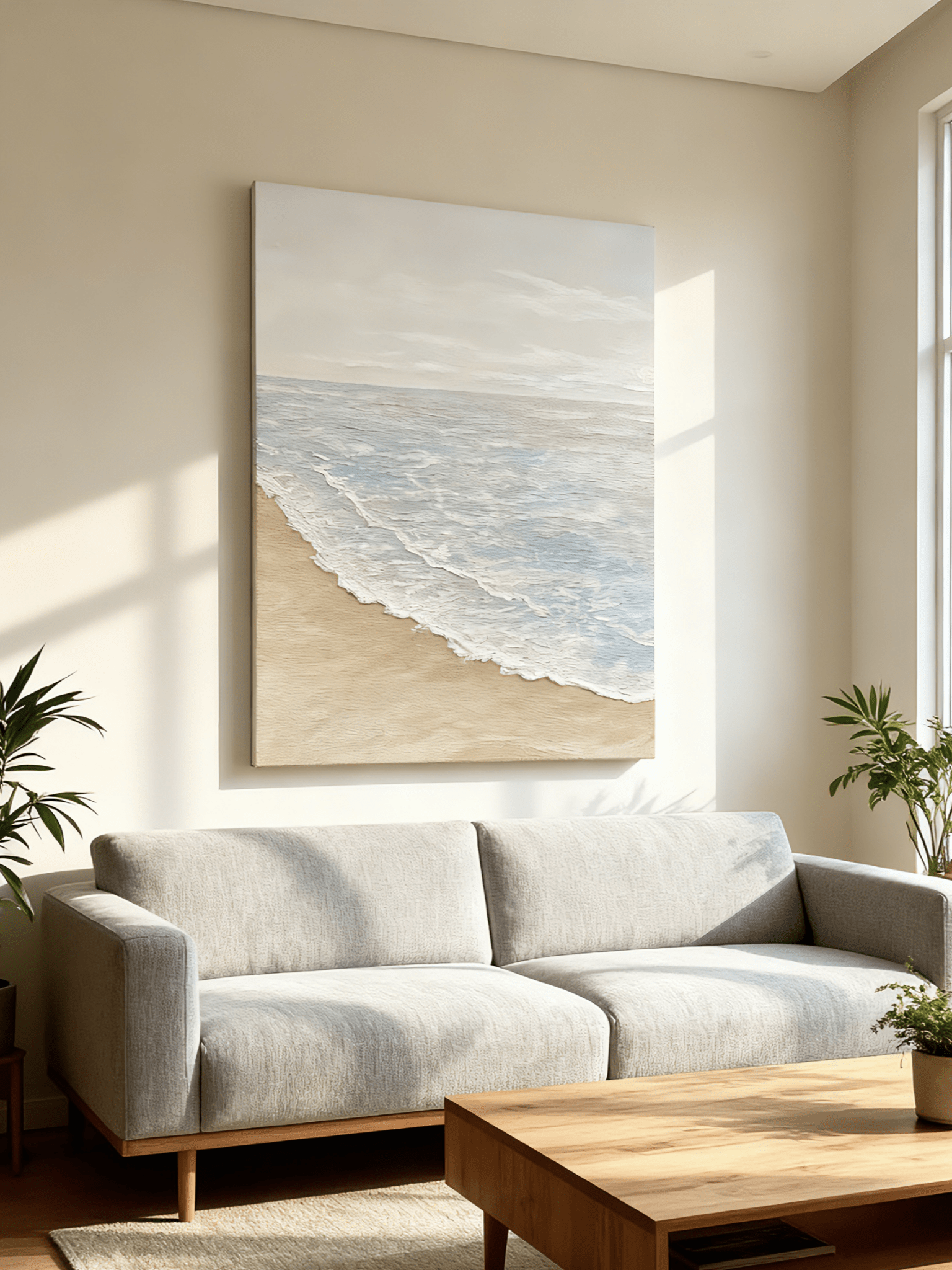 Textured beach painting displayed in modern living room, showcasing coastal wall art in home decor setting