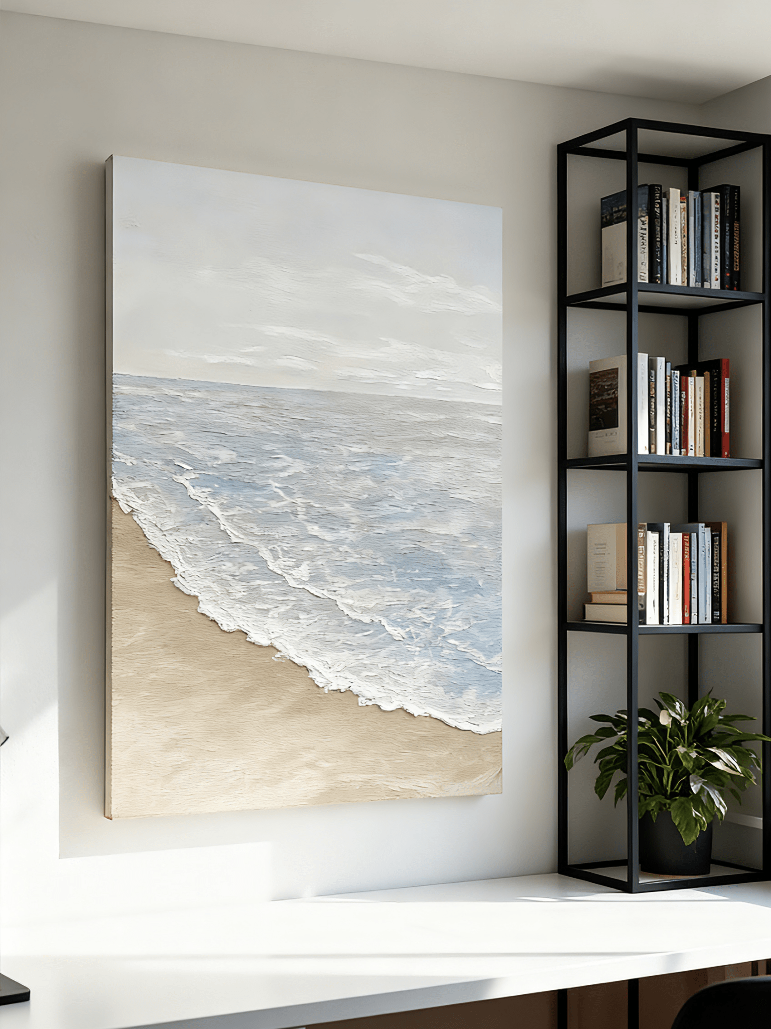Textured beach painting displayed in modern living room, showcasing coastal wall art in home decor setting
