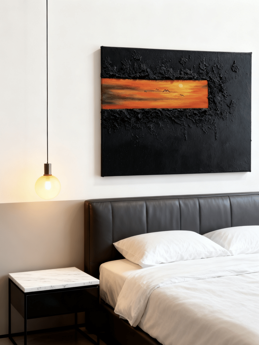 Original hand-painted wall art "Stitch" - textured black canvas with orange sunset stripe, modern living room decor