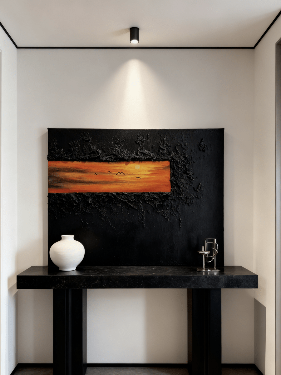 Original hand-painted wall art "Stitch" - textured black canvas with orange sunset stripe, modern living room decor