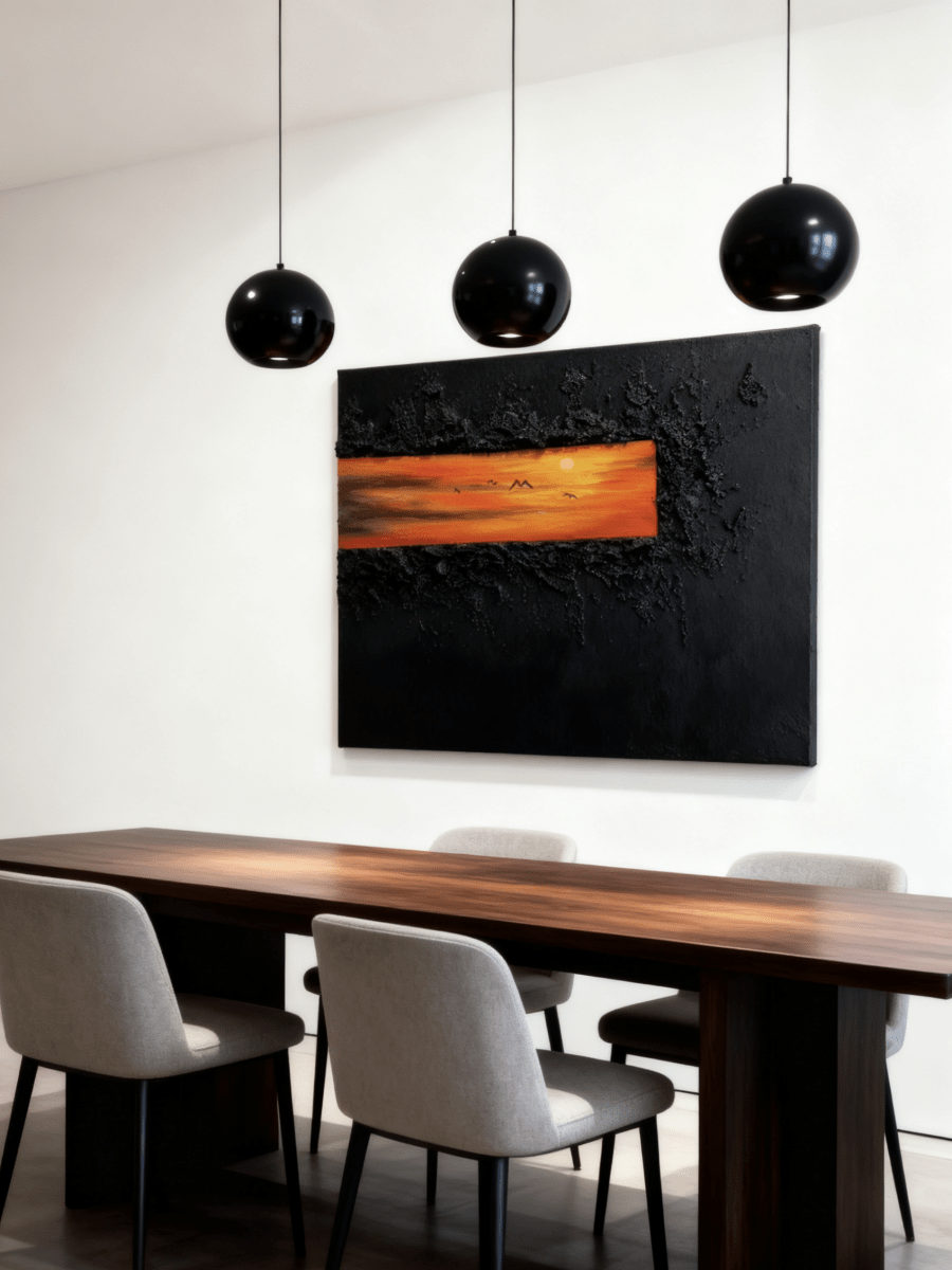 Original hand-painted wall art "Stitch" - textured black canvas with orange sunset stripe, modern living room decor