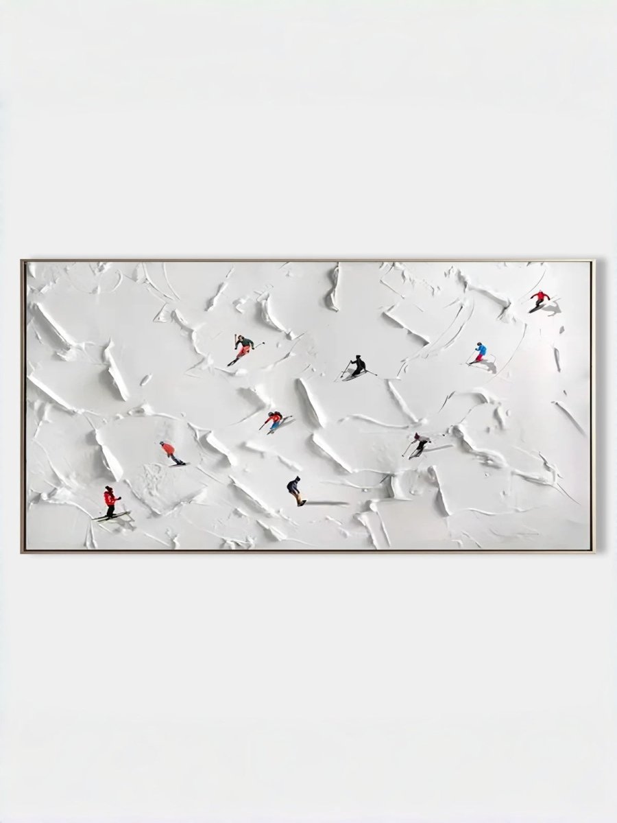 Close-up of large 3D textured painting by Lucien Hoffmann featuring tiny colorful skiers on a heavy white impasto snow mountain canvas.