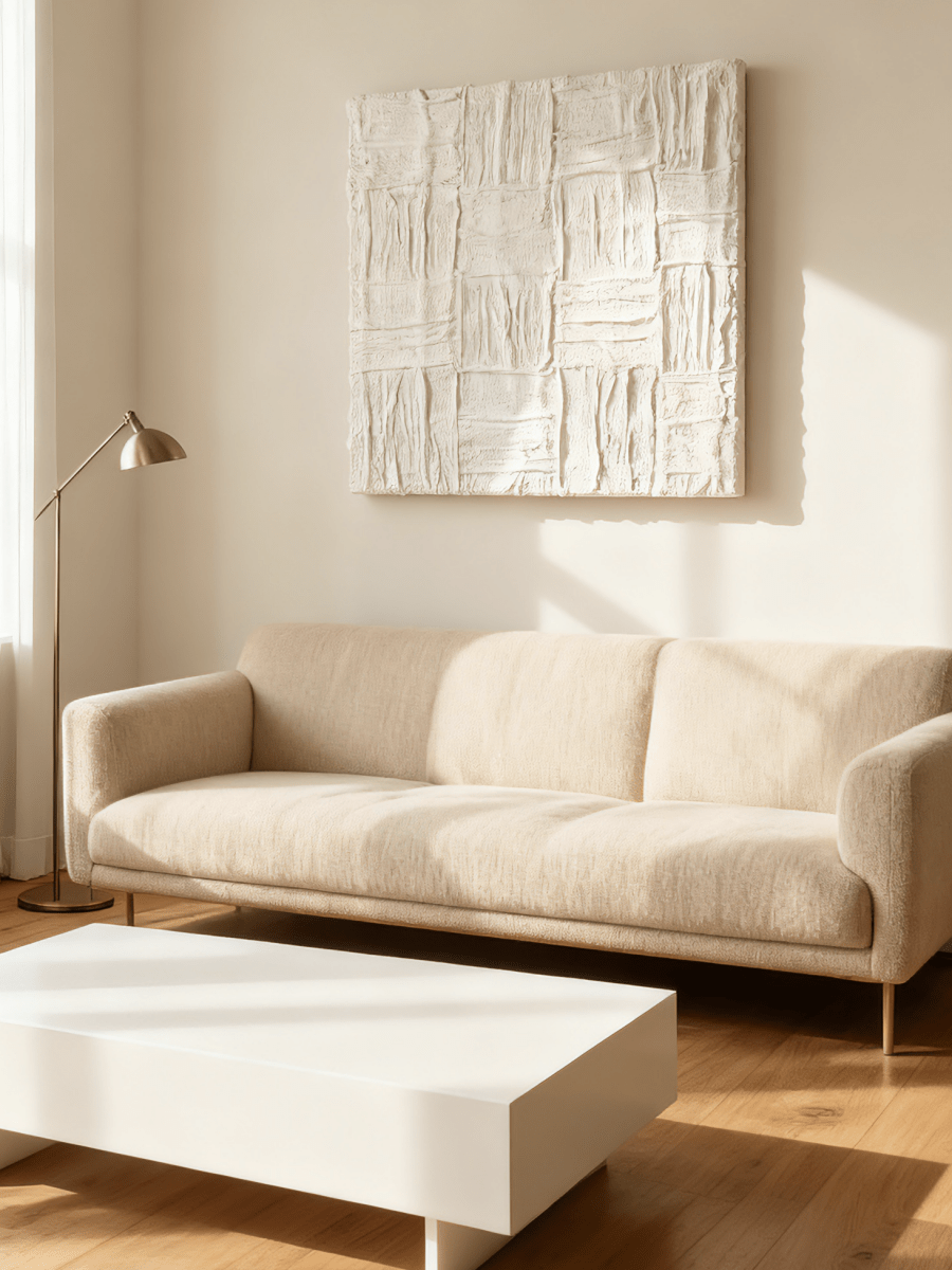 Plaster texture wall art displayed in contemporary living room interior