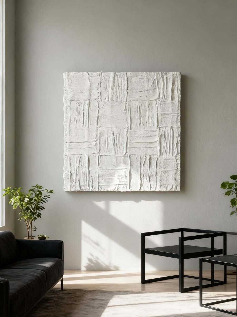 Plaster texture wall art displayed in contemporary living room interior