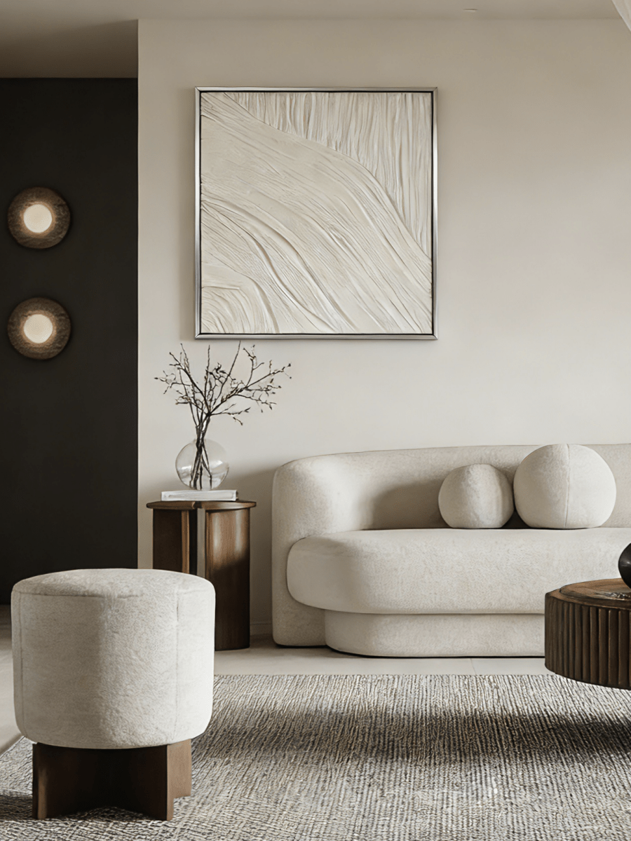 Close-up of the hand-painted white textured wall art featuring heavy impasto flowing lines in a silver floater frame