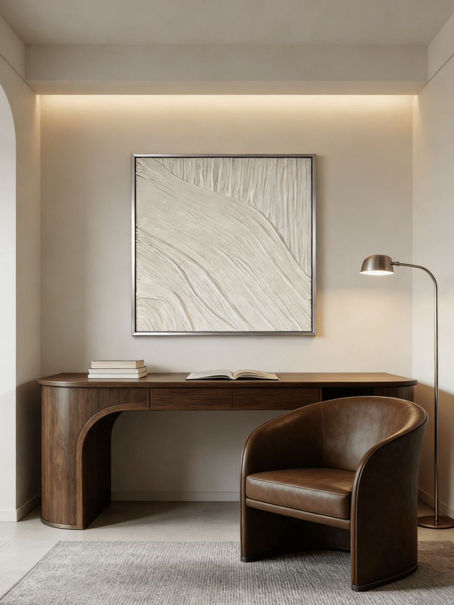 Close-up of the hand-painted white textured wall art featuring heavy impasto flowing lines in a silver floater frame