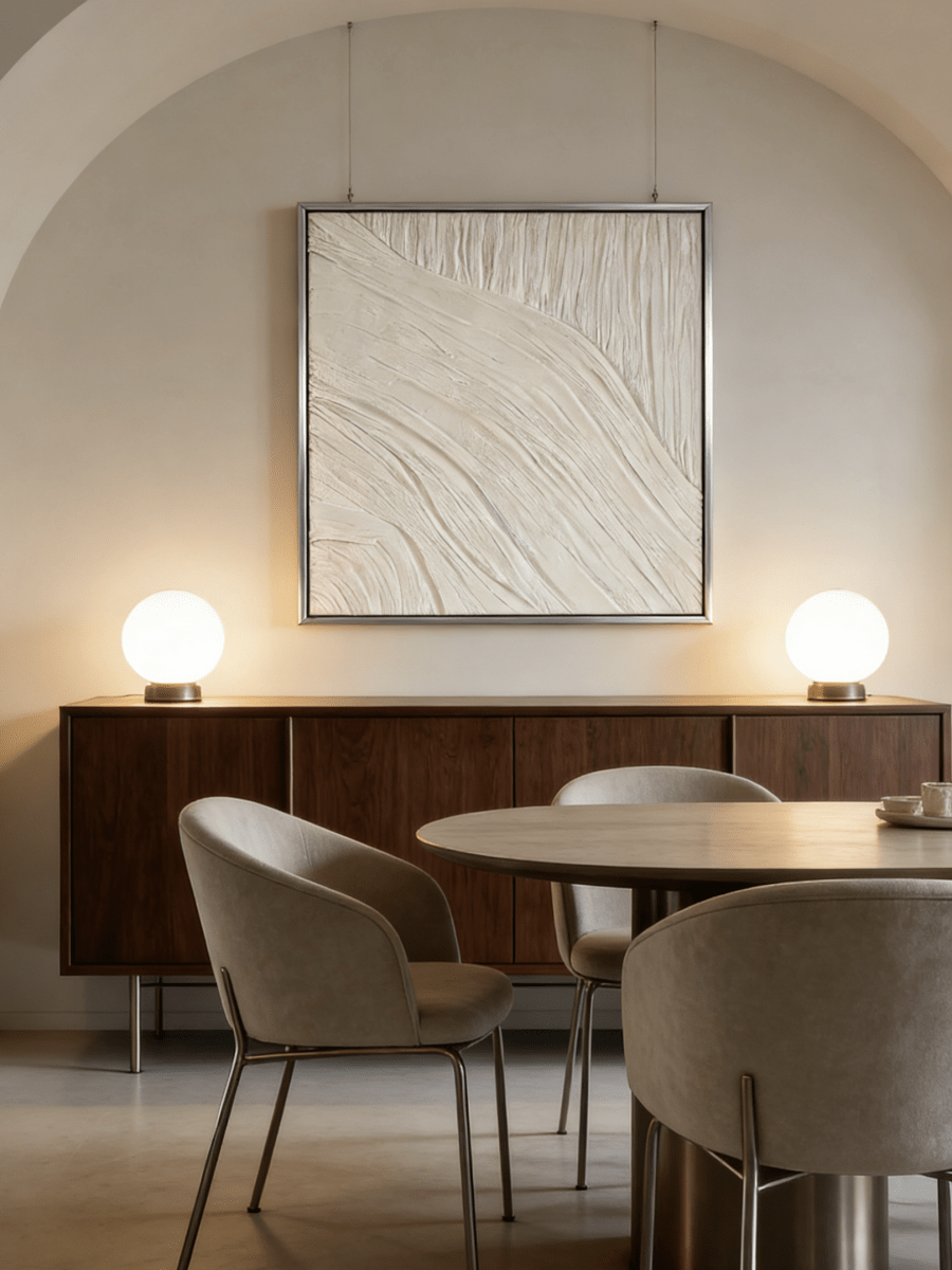 Close-up of the hand-painted white textured wall art featuring heavy impasto flowing lines in a silver floater frame