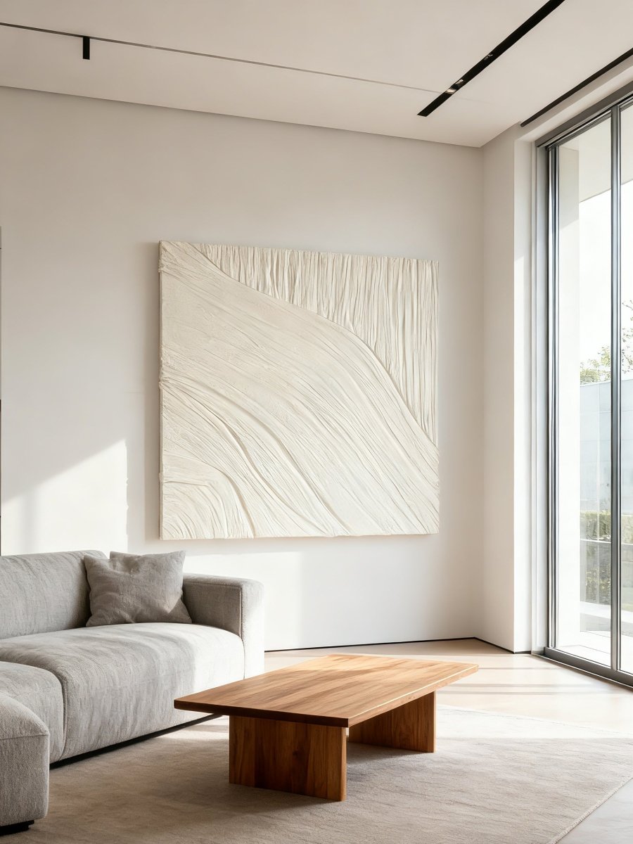 Textured plaster wall art displayed in contemporary living room, showcasing abstract canvas in modern home interior