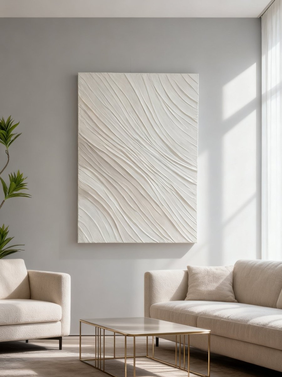 Plaster texture wall art displayed in contemporary living room, modern home decor setting