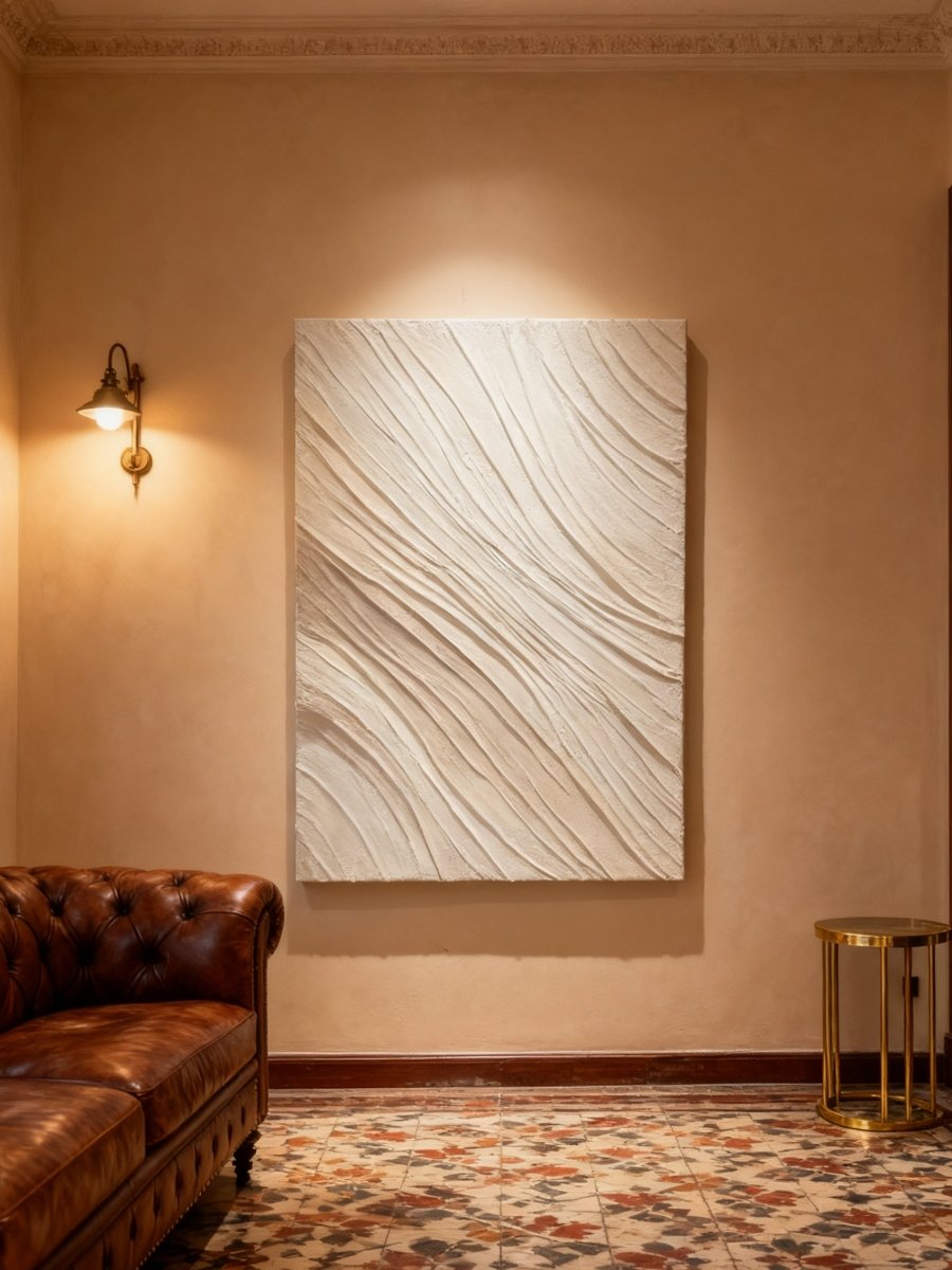 Plaster texture wall art displayed in contemporary living room, modern home decor setting