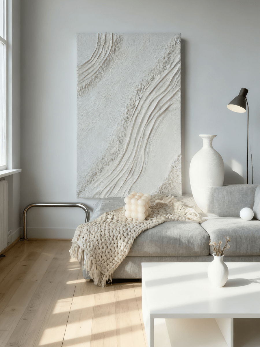 Textured plaster abstract wall art displayed in contemporary living room interior setting