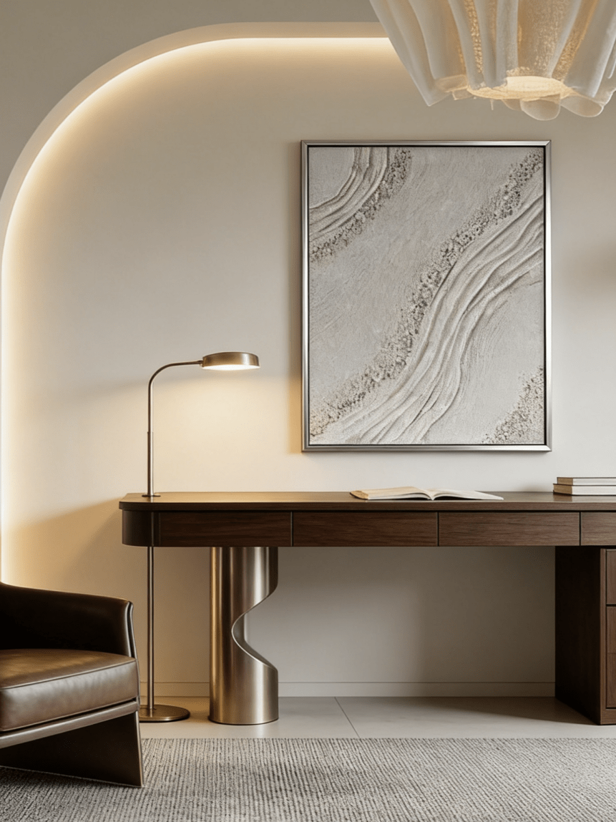 Close-up of the hand-painted white texture art with mineral crystalline details in a modern silver floater frame.