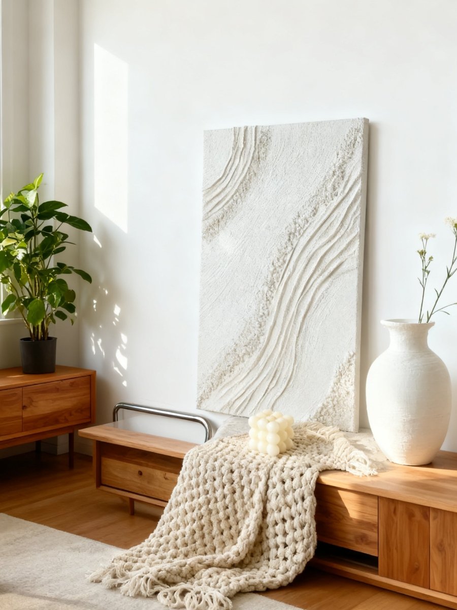 Textured plaster abstract wall art displayed in contemporary living room interior setting