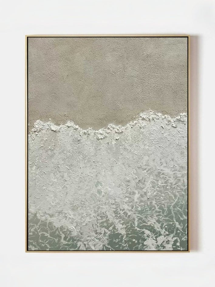 Hand-painted 3D heavy textured abstract beach shore painting in beige and sage green by Leo Liang, wabi-sabi wall art for modern living room decor.