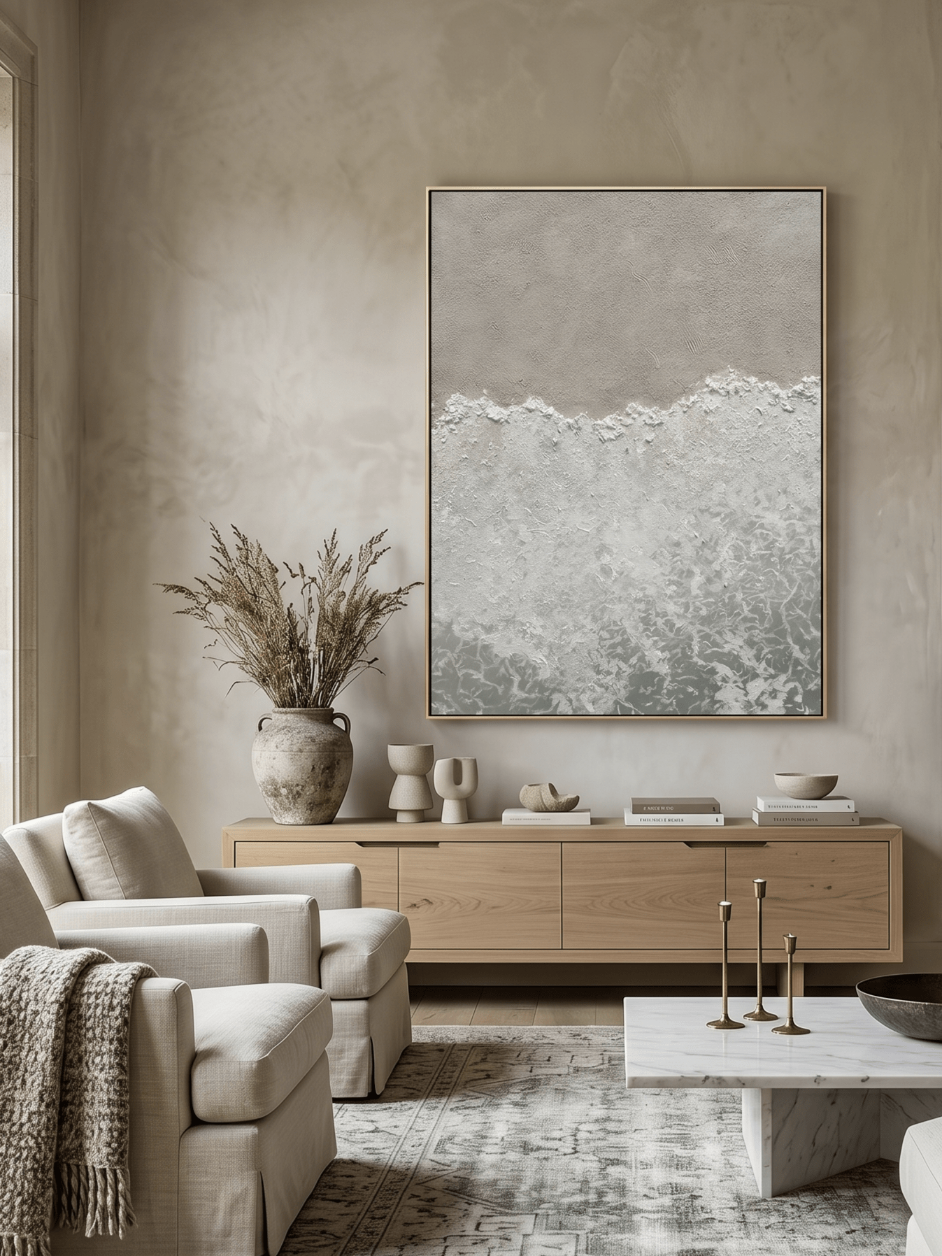 Hand-painted 3D heavy textured abstract beach shore painting in beige and sage green by Leo Liang, wabi-sabi wall art for modern living room decor.