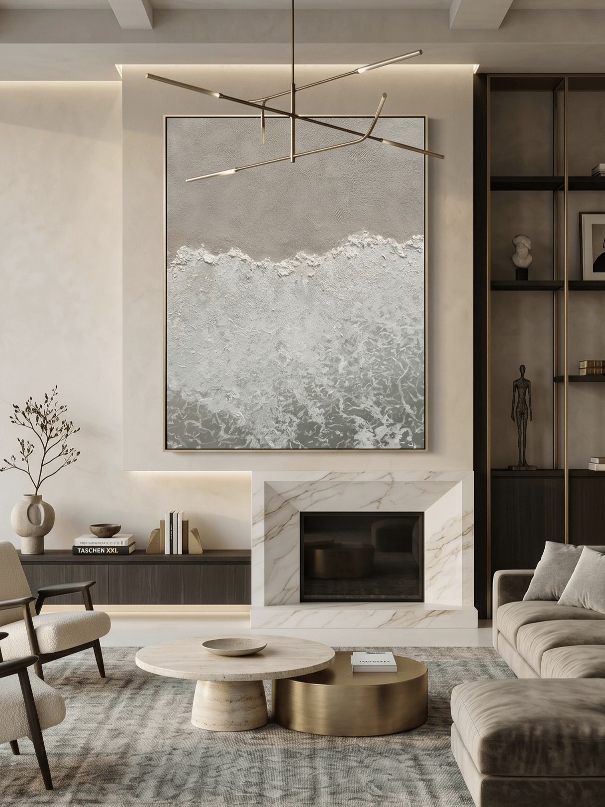 Hand-painted 3D heavy textured abstract beach shore painting in beige and sage green by Leo Liang, wabi-sabi wall art for modern living room decor.