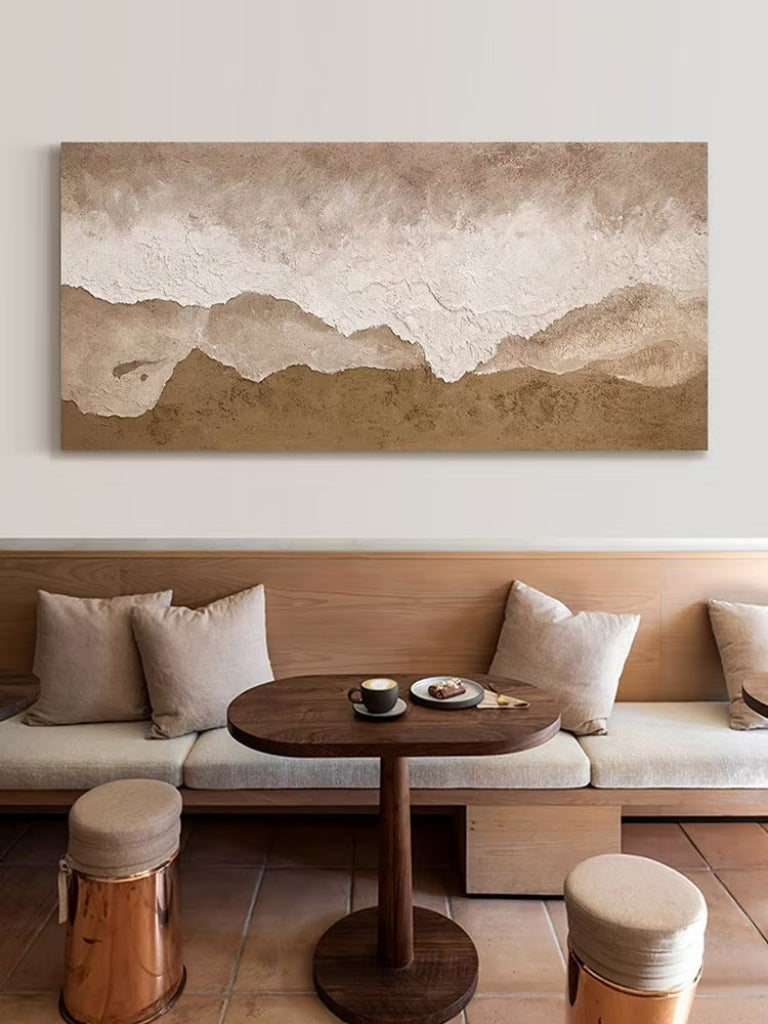 Large oversized 100% hand-painted panoramic modern abstract canvas painting with heavy 3D plaster palette knife texture featuring an earth tone beige, terracotta, and white abstract shoreline coast by Leo Liang for living room decor.