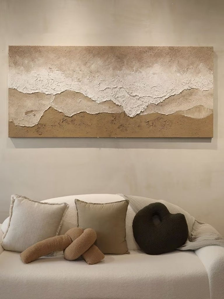 Large oversized 100% hand-painted panoramic modern abstract canvas painting with heavy 3D plaster palette knife texture featuring an earth tone beige, terracotta, and white abstract shoreline coast by Leo Liang for living room decor.