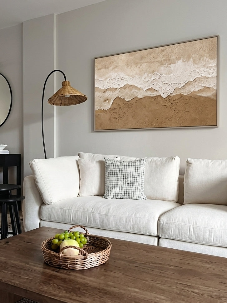 Large oversized 100% hand-painted panoramic modern abstract canvas painting with heavy 3D plaster palette knife texture featuring an earth tone beige, terracotta, and white abstract shoreline coast by Leo Liang for living room decor.