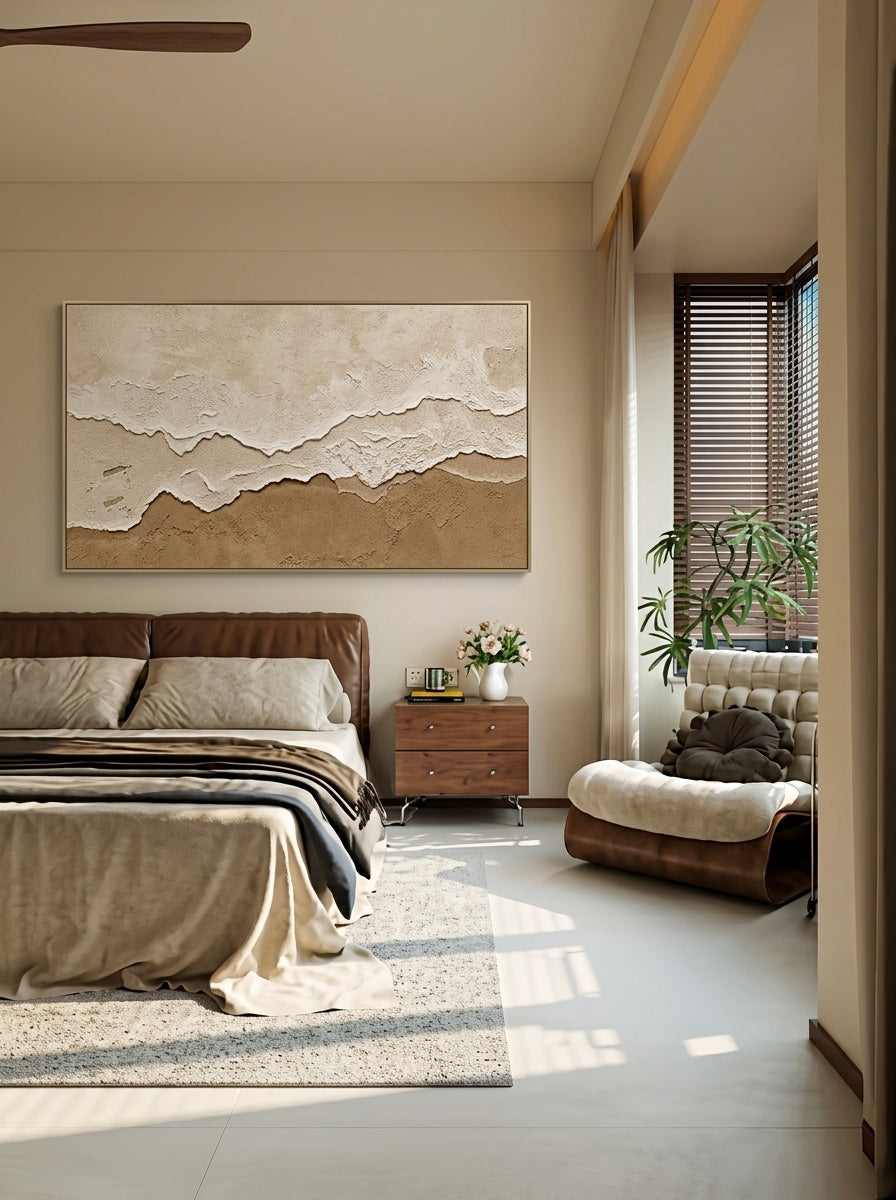Large oversized 100% hand-painted panoramic modern abstract canvas painting with heavy 3D plaster palette knife texture featuring an earth tone beige, terracotta, and white abstract shoreline coast by Leo Liang for living room decor.