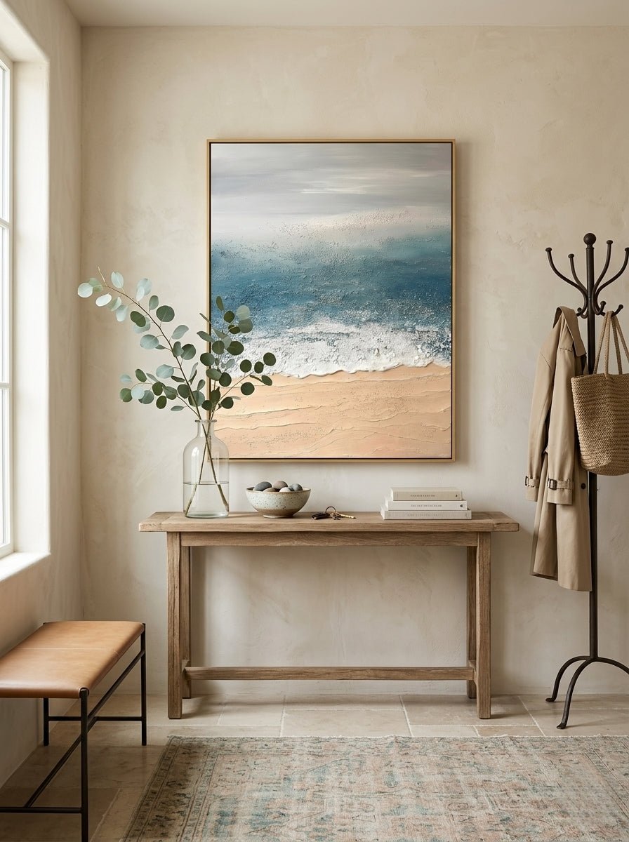 Hand painted textured coastal ocean wave abstract canvas wall art in blue and beige for modern living room decor