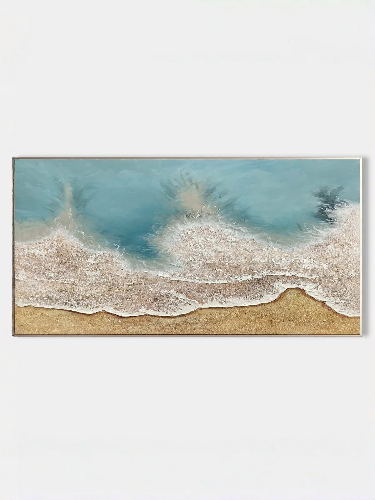 Hand painted textured coastal ocean wave wall art with turquoise blue sea and sandy beach for modern living room decor