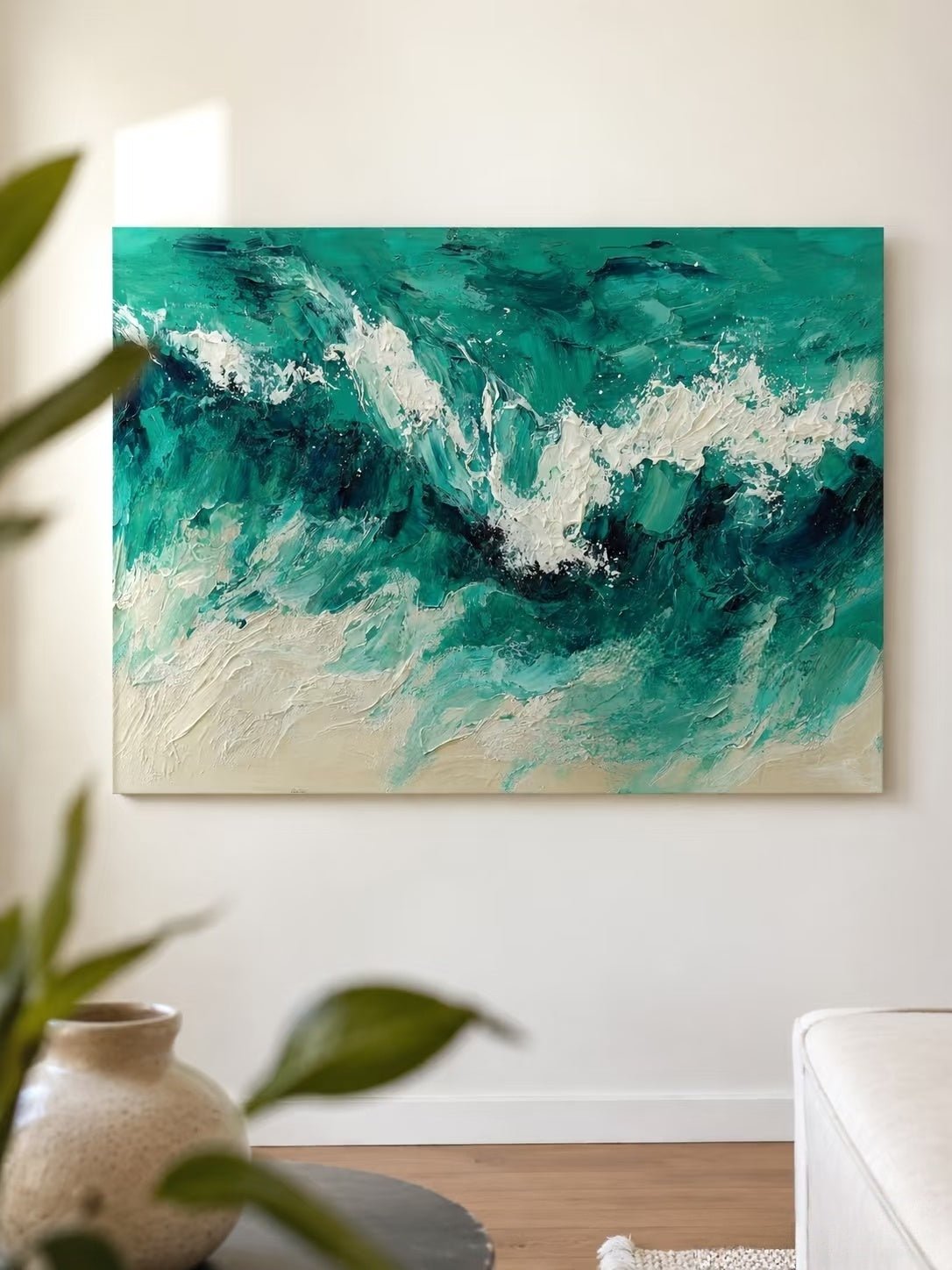 Large 100% hand-painted modern abstract canvas painting with 3D heavy palette knife texture featuring crashing emerald green and white seafoam ocean waves by Leo Liang.