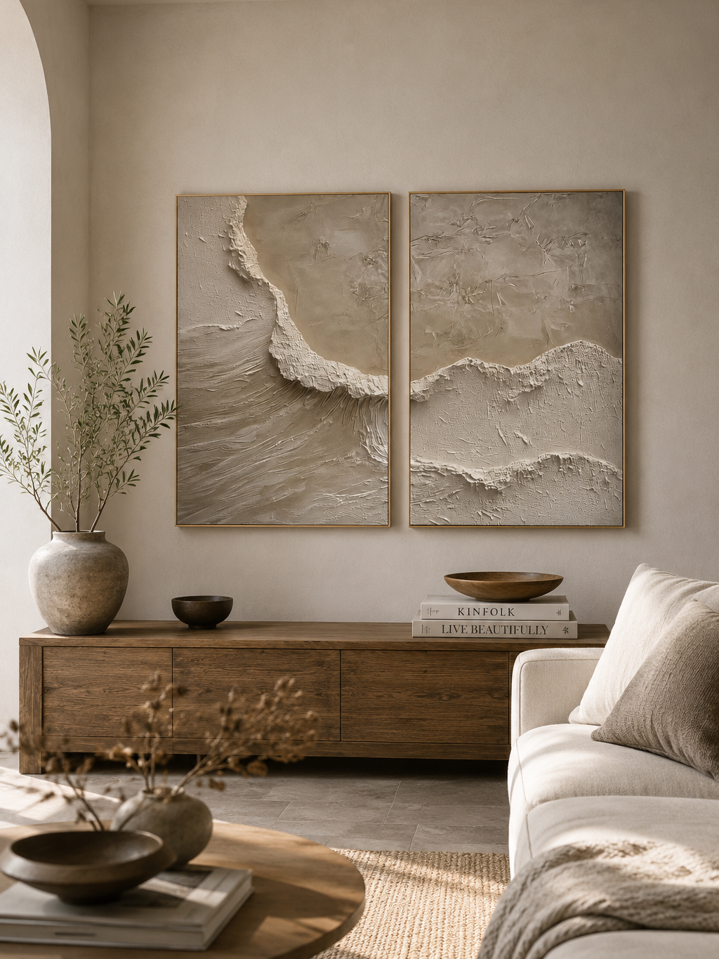 2-panel modern Wabi-Sabi relief painting with organic 3D textured ridges