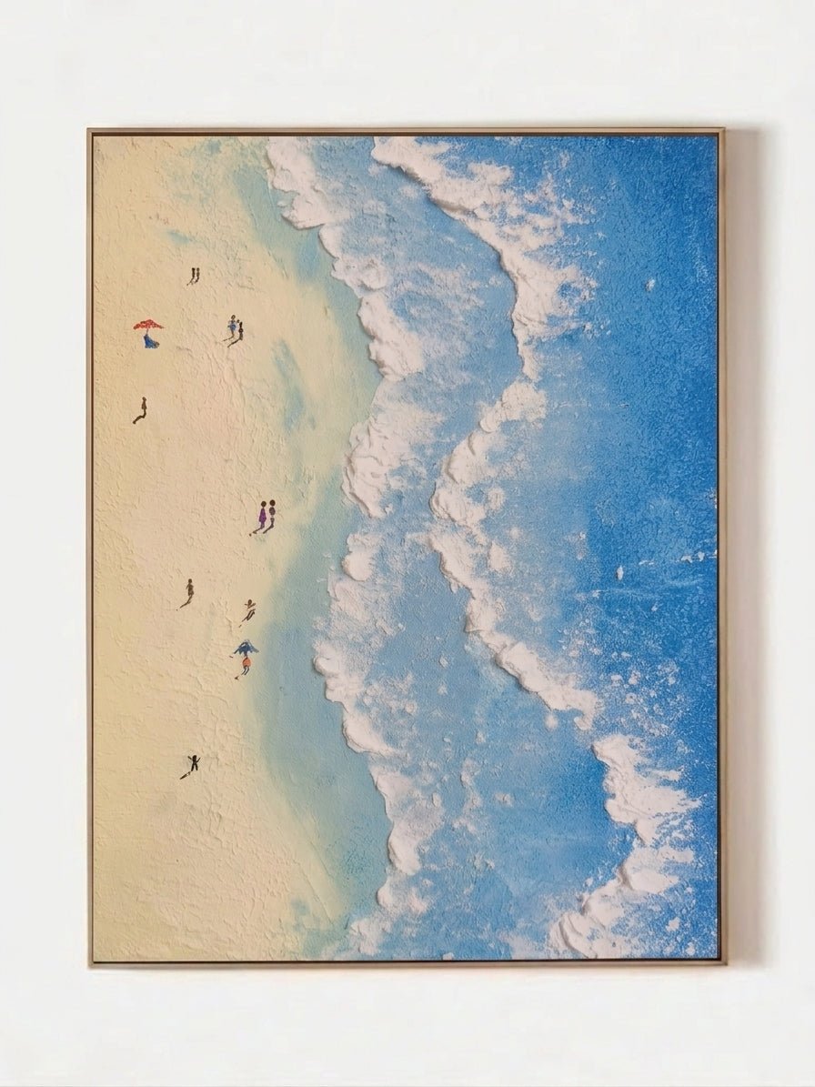Hand-painted textured coastal beach wave wall art on canvas featuring ocean waves and sandy shoreline in modern coastal style