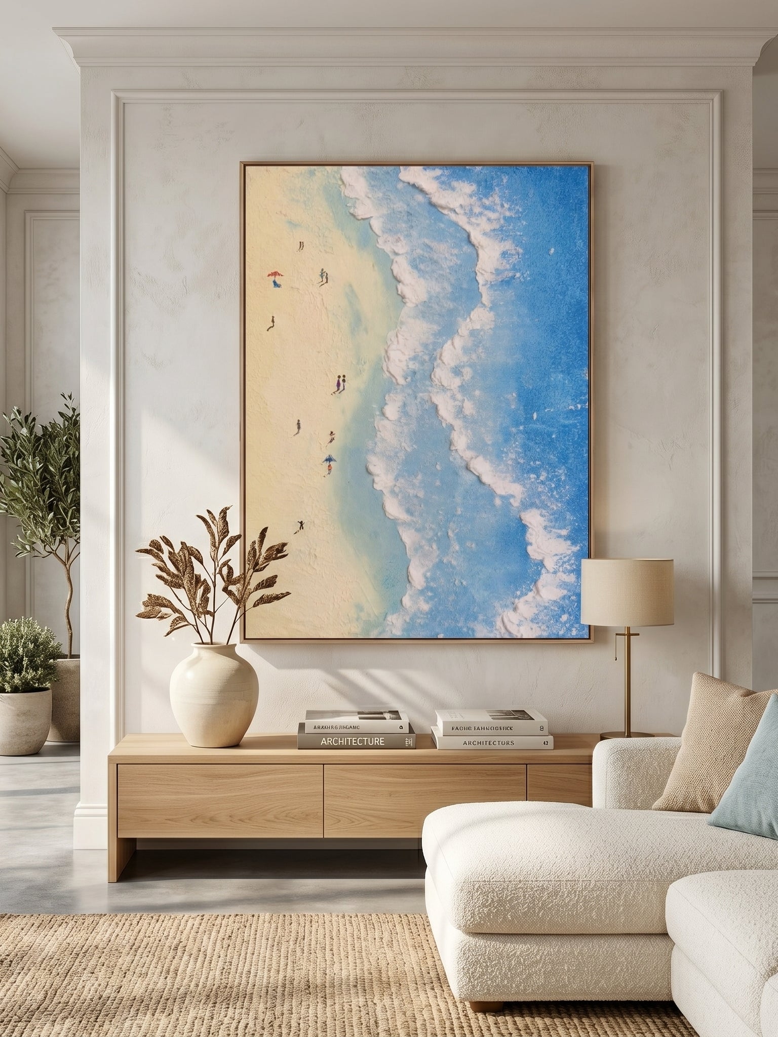 Hand-painted textured coastal beach wave wall art on canvas featuring ocean waves and sandy shoreline in modern coastal style