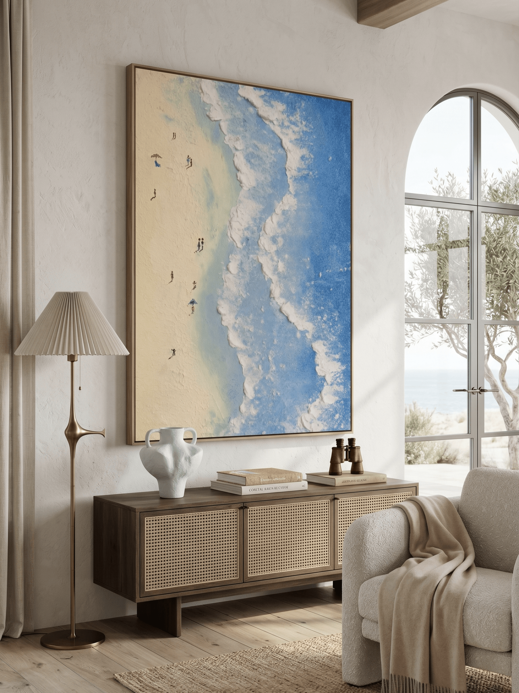 Hand-painted textured coastal beach wave wall art on canvas featuring ocean waves and sandy shoreline in modern coastal style