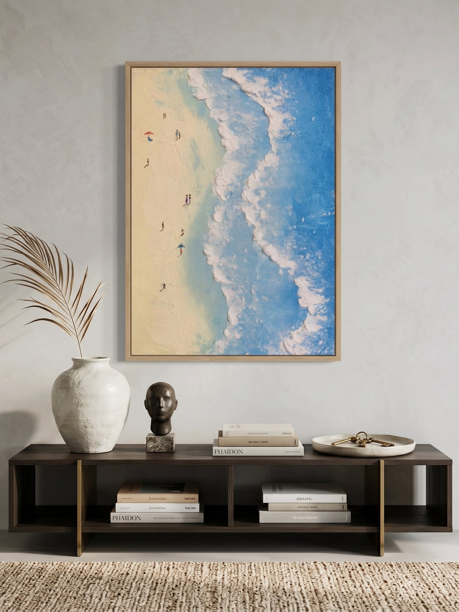 Hand-painted textured coastal beach wave wall art on canvas featuring ocean waves and sandy shoreline in modern coastal style