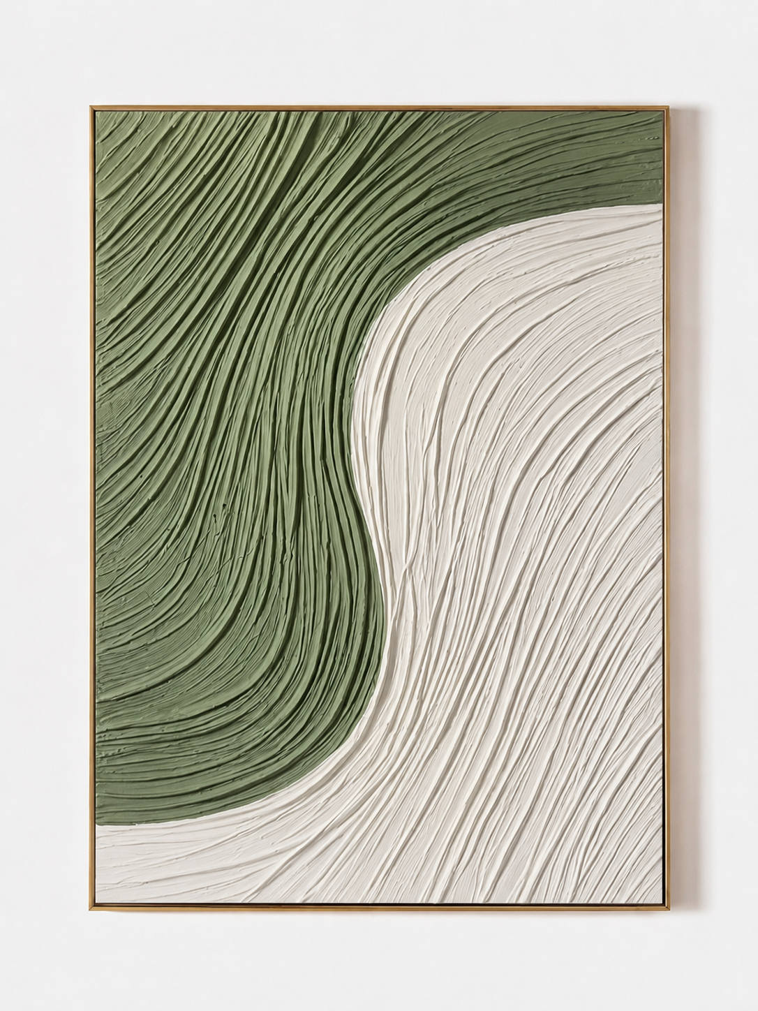Large 100% hand-painted modern organic minimalist abstract canvas painting with heavy 3D ribbed palette knife plaster texture featuring sage green and white color-blocking curves by Leo Liang for living room wall decor.