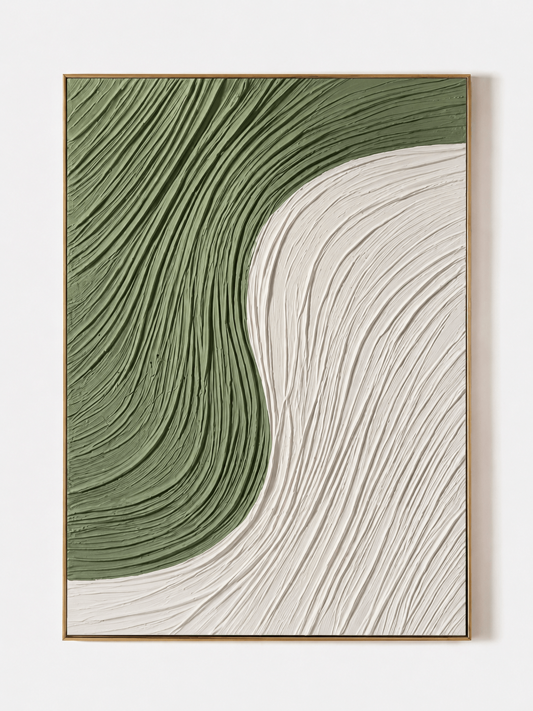 Large 100% hand-painted modern organic minimalist abstract canvas painting with heavy 3D ribbed palette knife plaster texture featuring sage green and white color-blocking curves by Leo Liang for living room wall decor.