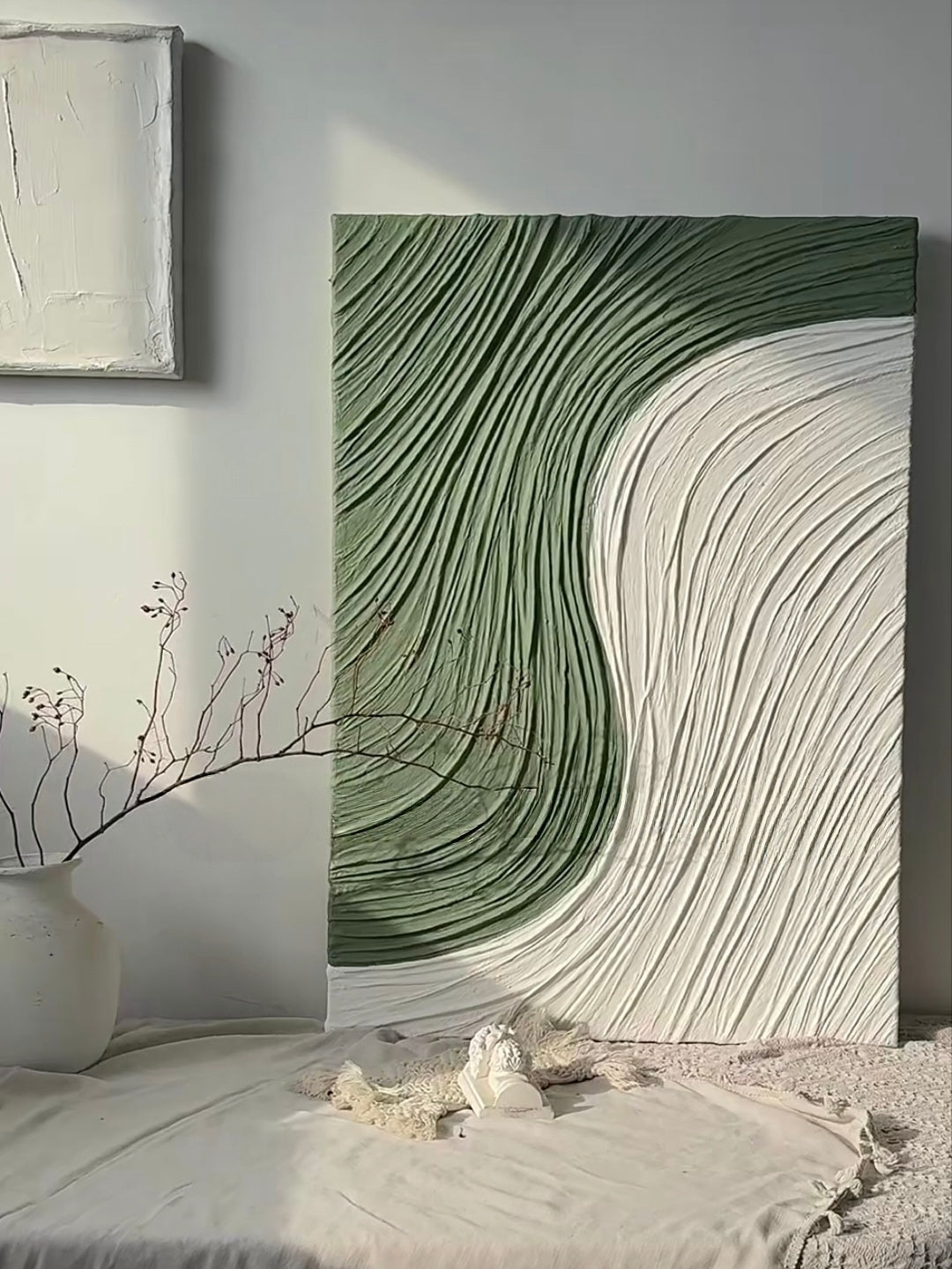 Large 100% hand-painted modern organic minimalist abstract canvas painting with heavy 3D ribbed palette knife plaster texture featuring sage green and white color-blocking curves by Leo Liang for living room wall decor.