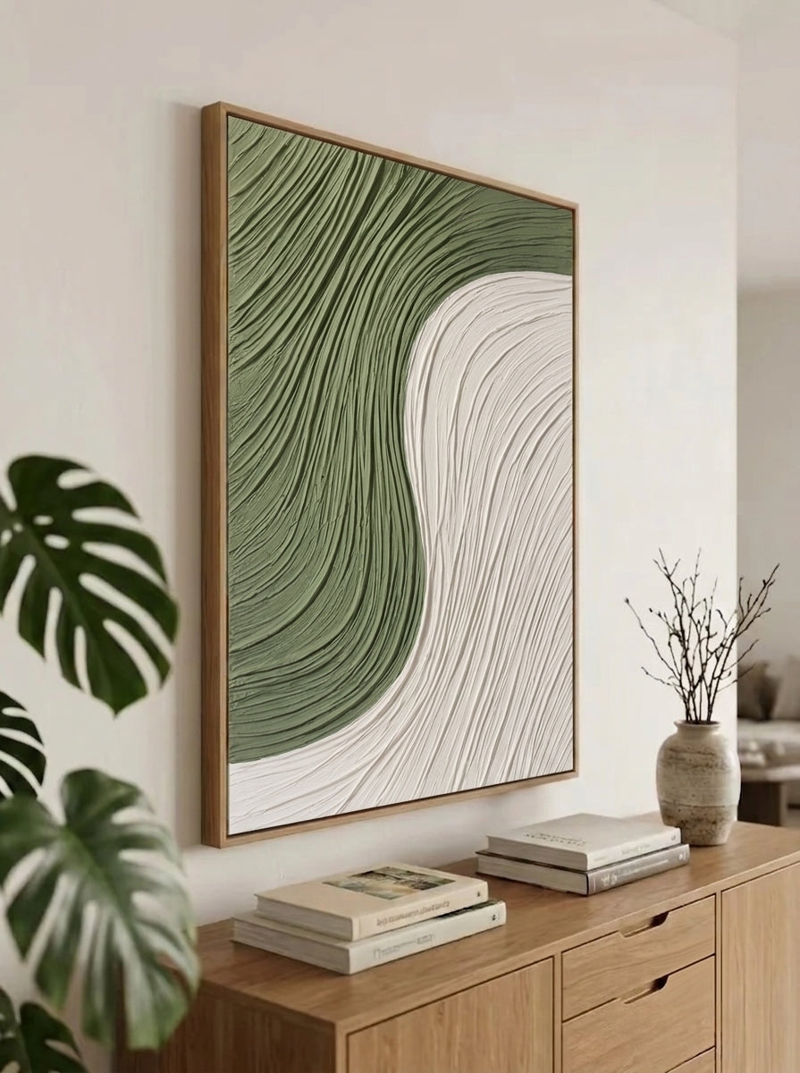 Large 100% hand-painted modern organic minimalist abstract canvas painting with heavy 3D ribbed palette knife plaster texture featuring sage green and white color-blocking curves by Leo Liang for living room wall decor.