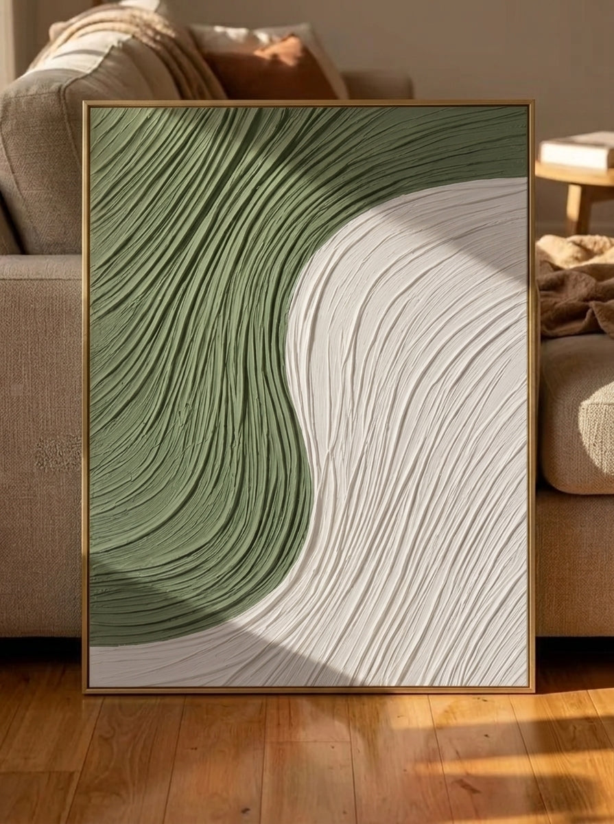 Large 100% hand-painted modern organic minimalist abstract canvas painting with heavy 3D ribbed palette knife plaster texture featuring sage green and white color-blocking curves by Leo Liang for living room wall decor.