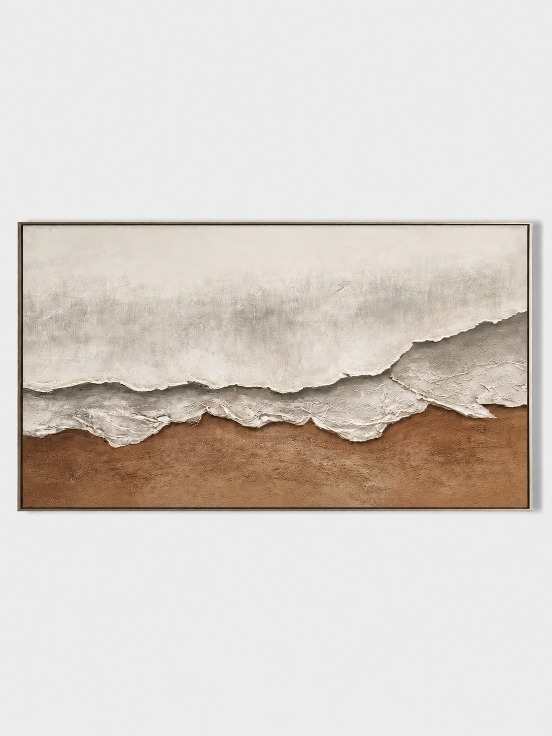 Large oversized 100% hand-painted panoramic modern abstract canvas painting with heavy 3D plaster palette knife texture featuring a misty grey and earthy warm brown abstract horizon landscape by Leo Liang for living room decor.
