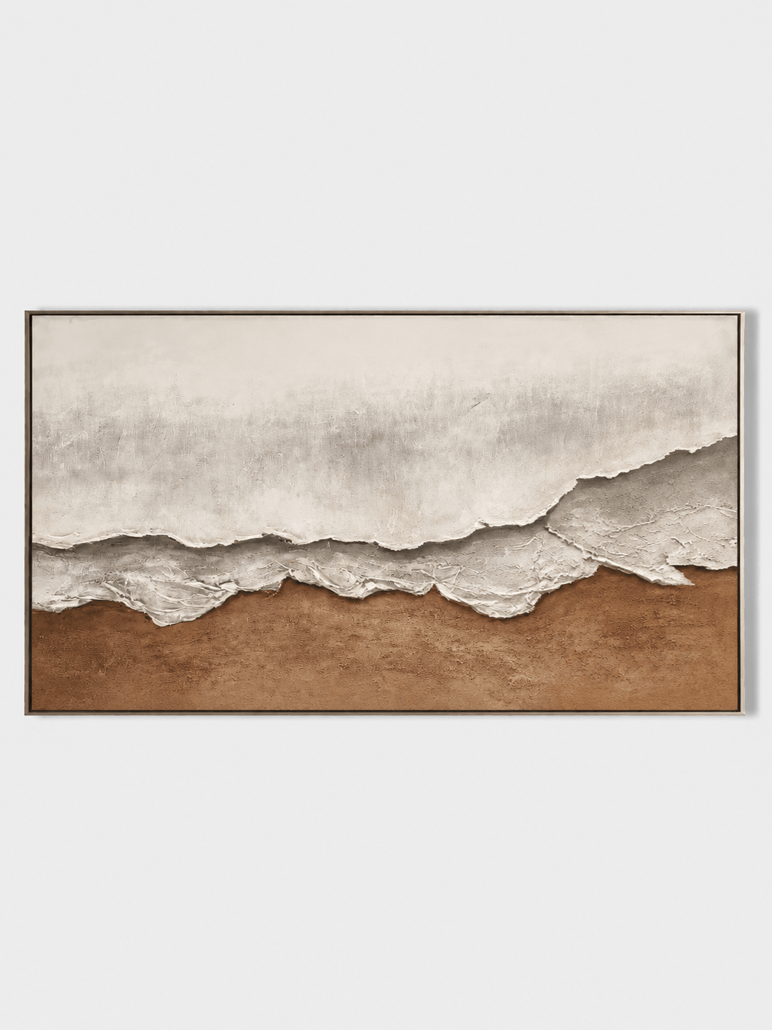 Large oversized 100% hand-painted panoramic modern abstract canvas painting with heavy 3D plaster palette knife texture featuring a misty grey and earthy warm brown abstract horizon landscape by Leo Liang for living room decor.