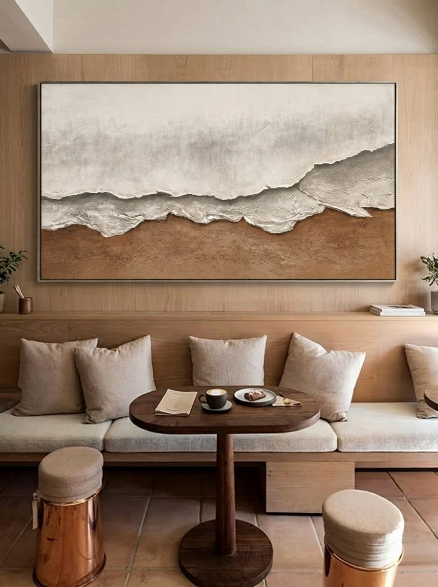 Large oversized 100% hand-painted panoramic modern abstract canvas painting with heavy 3D plaster palette knife texture featuring a misty grey and earthy warm brown abstract horizon landscape by Leo Liang for living room decor.