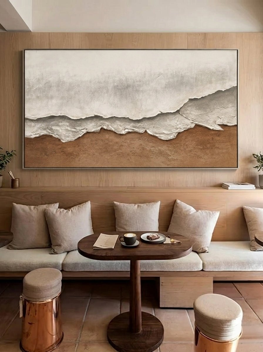 Large oversized 100% hand-painted panoramic modern abstract canvas painting with heavy 3D plaster palette knife texture featuring a misty grey and earthy warm brown abstract horizon landscape by Leo Liang for living room decor.