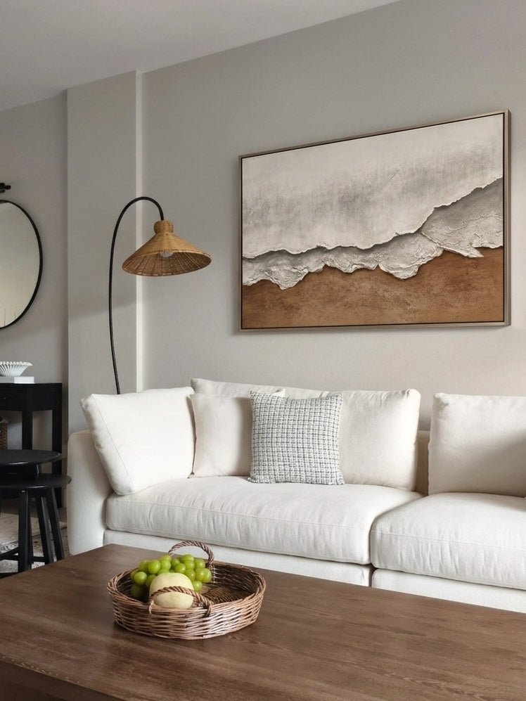 Large oversized 100% hand-painted panoramic modern abstract canvas painting with heavy 3D plaster palette knife texture featuring a misty grey and earthy warm brown abstract horizon landscape by Leo Liang for living room decor.