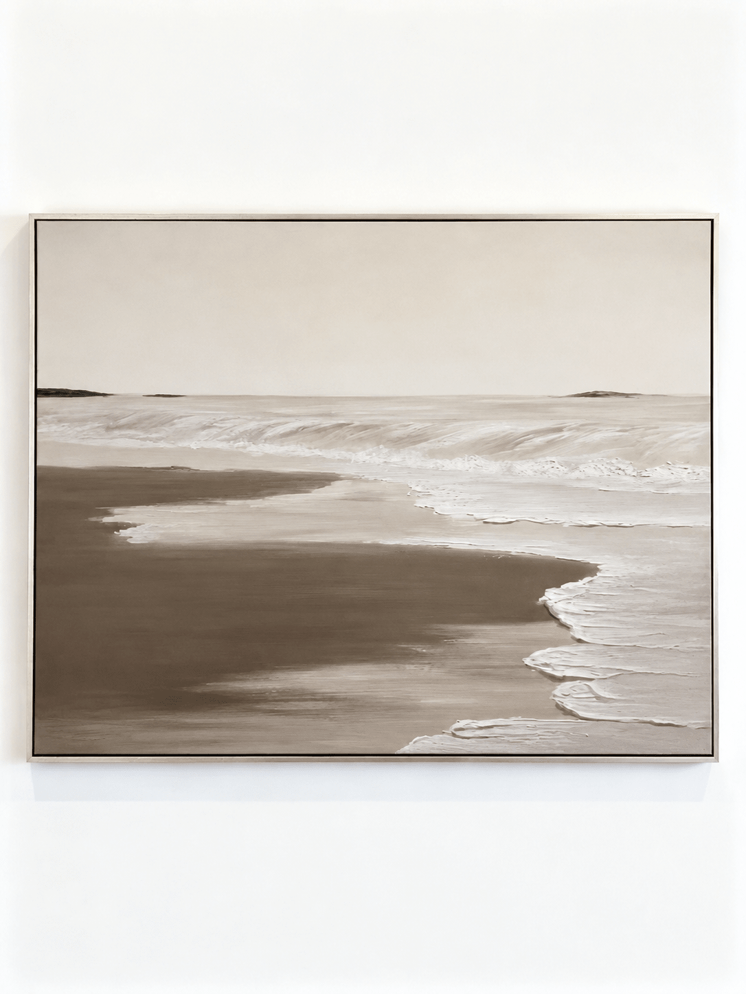 100% hand-painted minimalist coastal abstract painting with heavy 3D impasto texture, neutral sand and cream color palette, titled Serene Shoreline by Leo Liang.